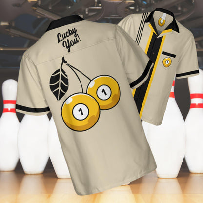 Lucky You Cherry One 1 Ball Button Down Shirt with Pocket, One Ball Short-sleeve Hawaiian