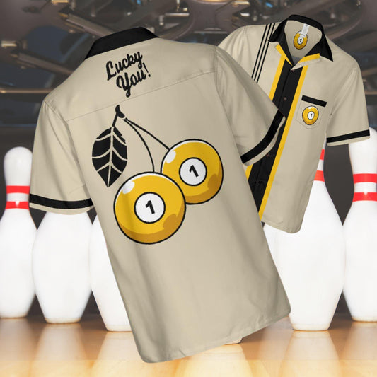 Lucky You Cherry One 1 Ball Button Down Shirt with Pocket, One Ball Short-sleeve Hawaiian