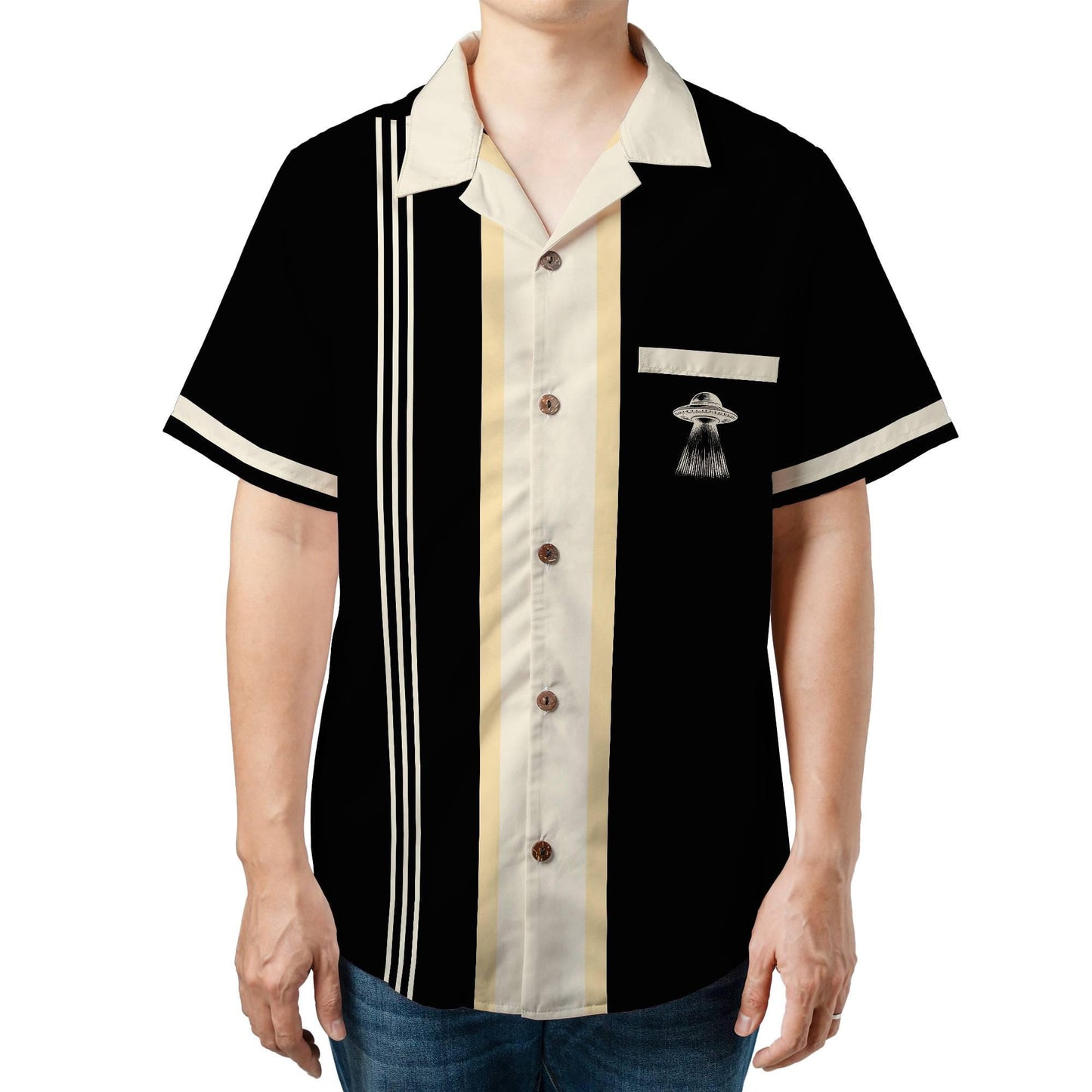 UFO Button Up Shirt with Pocket, Alien UFO Hawaiian Shirt Rockabilly Bowling Shirt