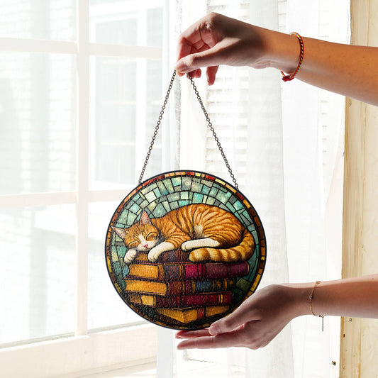 Sleeping Cat on Books Stained Glass Cat Memorial SunCatcher Window Hanging