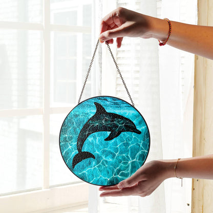 Dolphin Stained Glass SunCatcher Ocean Art Window Hanging Art Summer Decor