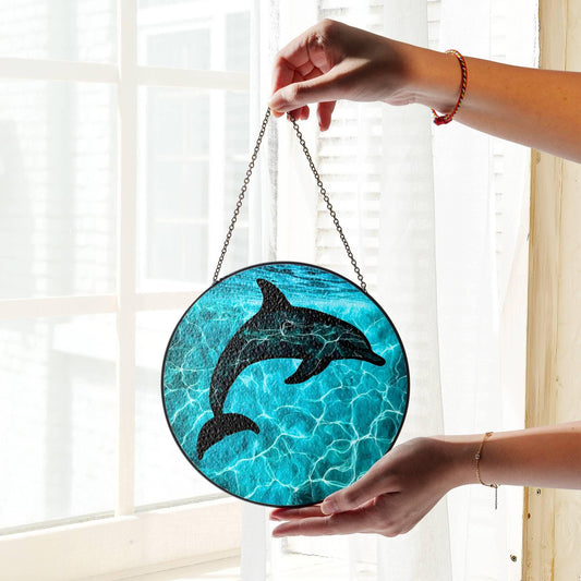 Dolphin Stained Glass SunCatcher Ocean Art Window Hanging Art Summer Decor