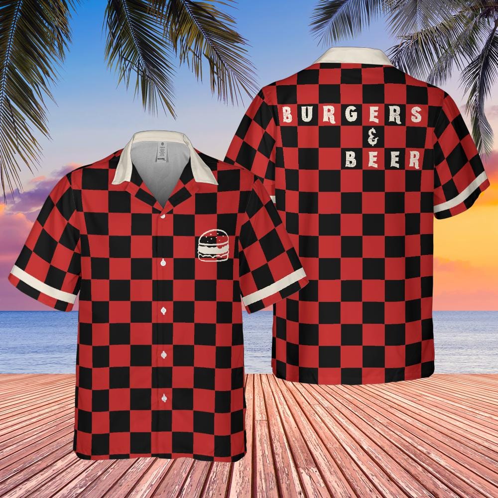 Burgers & Beer Button Down Shirt, Foodie Shirt Short-sleeve Hawaiian Shirt Funny Burger and Beer Hamburger Lover Gifts