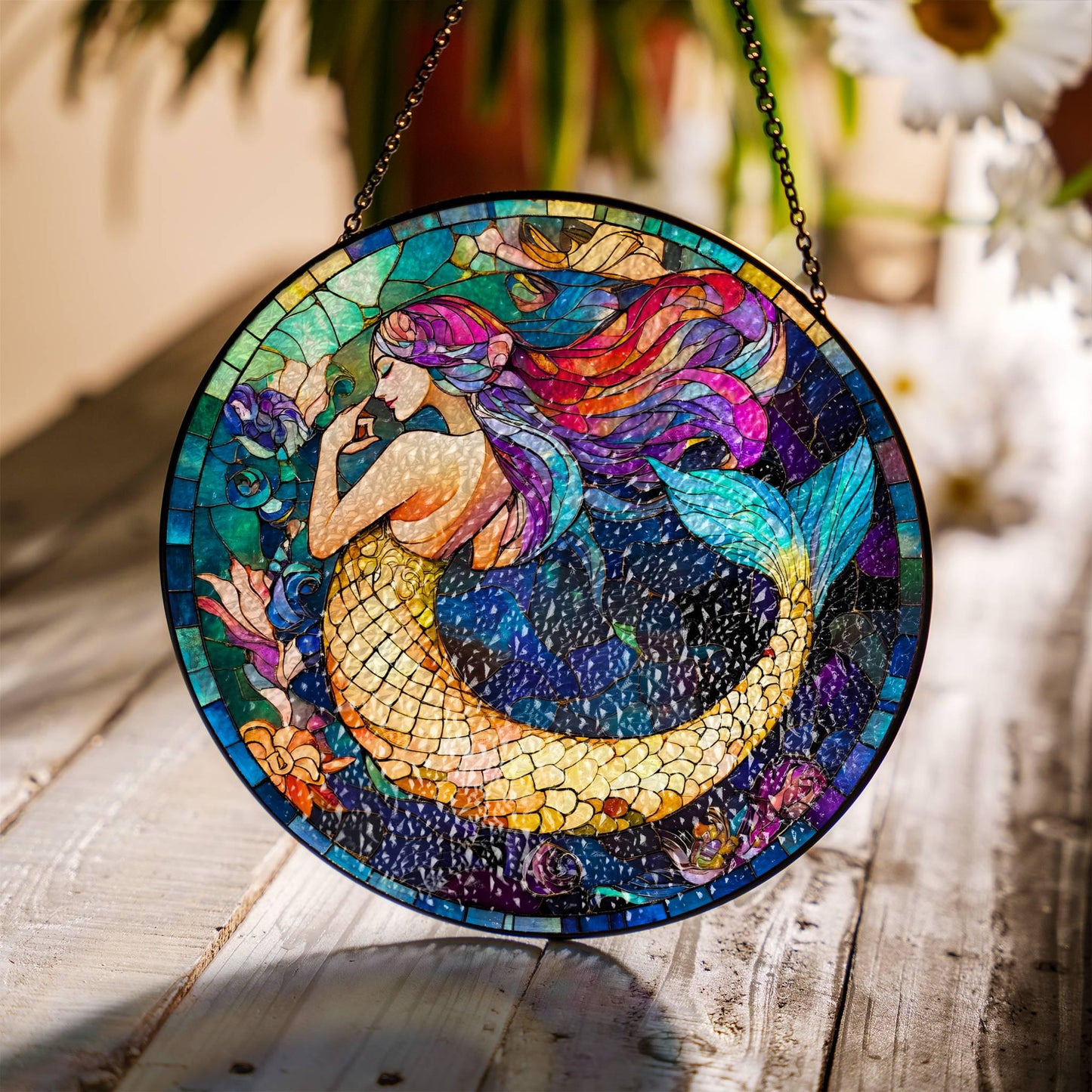 Mermaid Stained Glass Sun Catcher - Under the Sea Window Decor for Mermaid Lovers