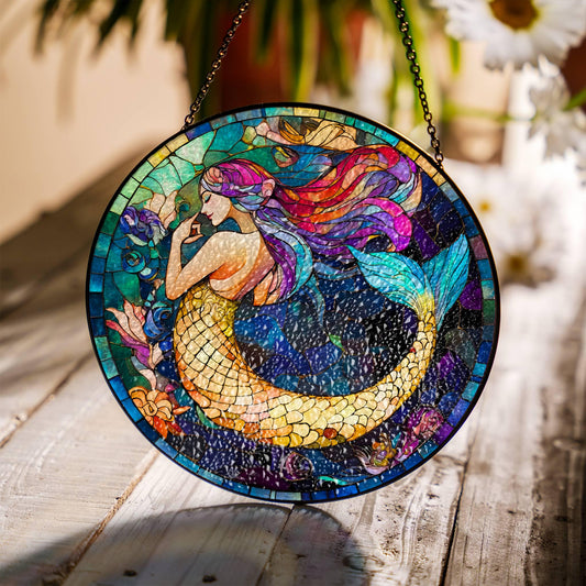 Mermaid Stained Glass Sun Catcher - Under the Sea Window Decor for Mermaid Lovers