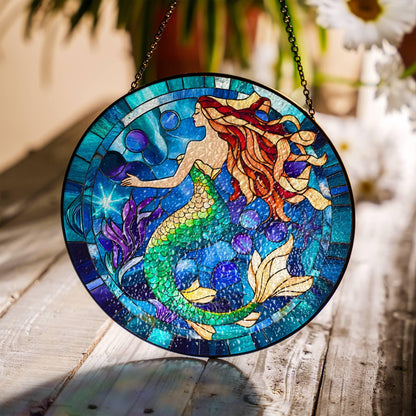 Mermaid Sun Catcher Siren Stained Glass LightCatcher Under the Sea Window Hanging Home Decoration Mermaid Lover Gift