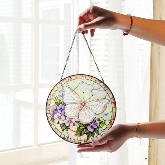 White Butterfly Stained Glass Sun Catcher - Floral Window Hanging Decor