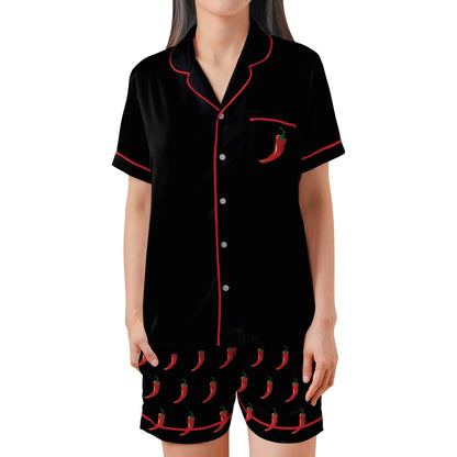 Chili Pepper Satin Pajama Set - Womens Short Sleeve Shorts in Spicy Red