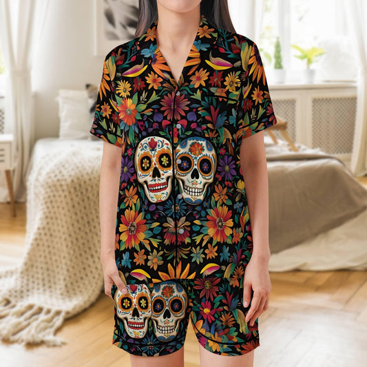 Sugar Skull Satin Pajama Set - Short Sleeve Day of the Dead Calavera PJs