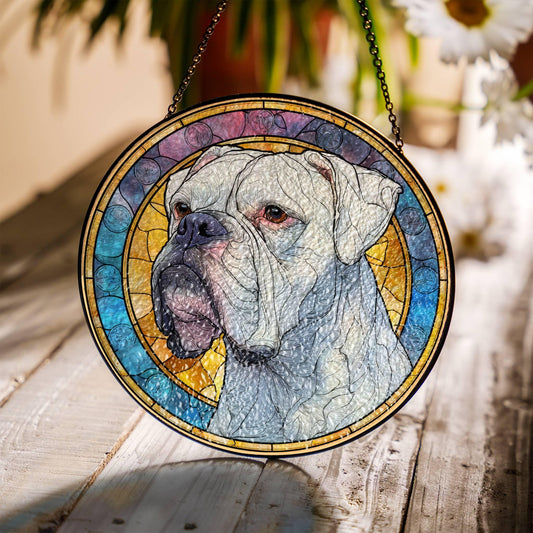 White Boxer Stained Glass Sun Catcher - Dog Light Catcher Window Decoration