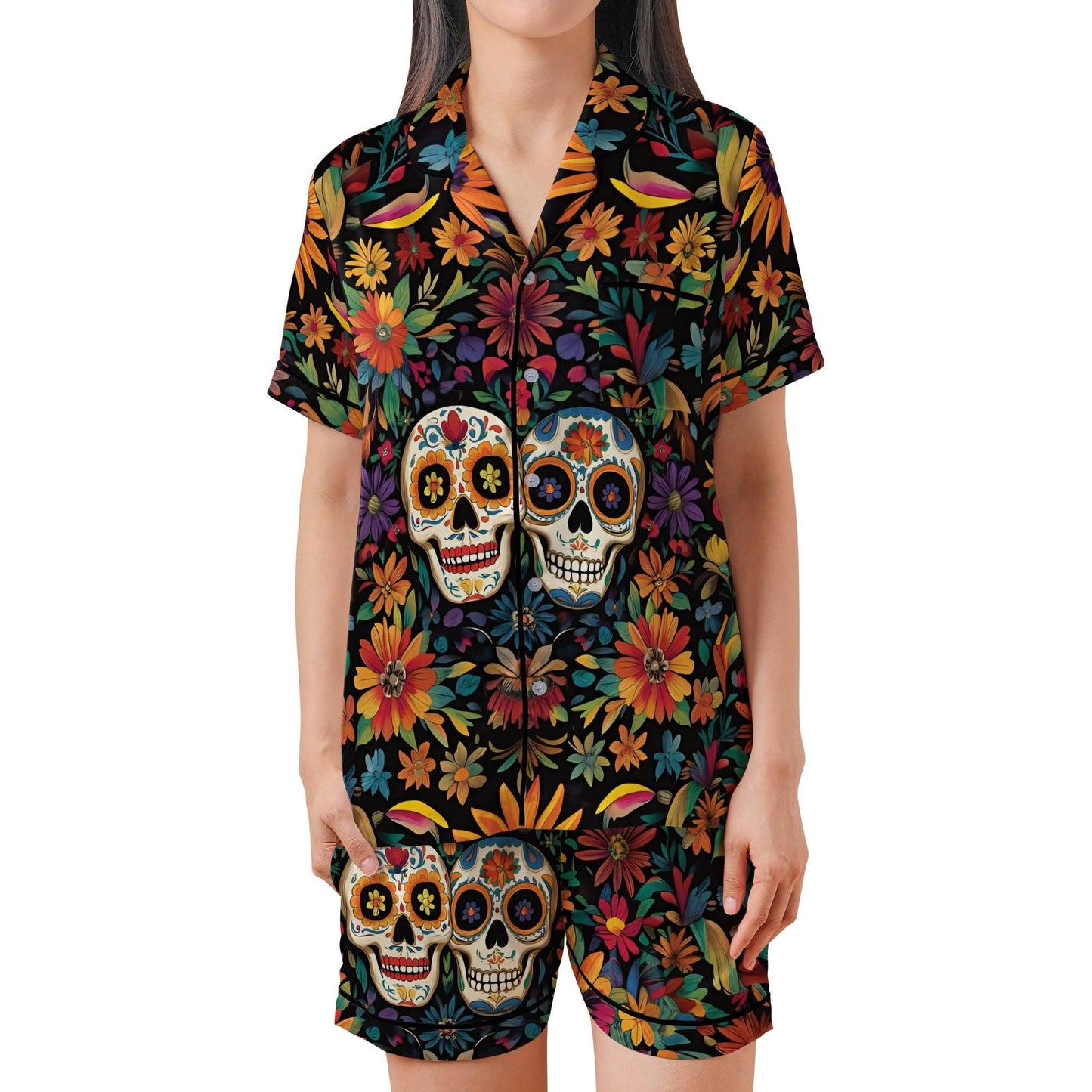 Sugar Skull Satin Pajama Set - Short Sleeve Day of the Dead Calavera PJs