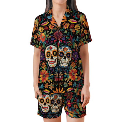 Sugar Skull Satin Pajama Set - Short Sleeve Day of the Dead Calavera PJs