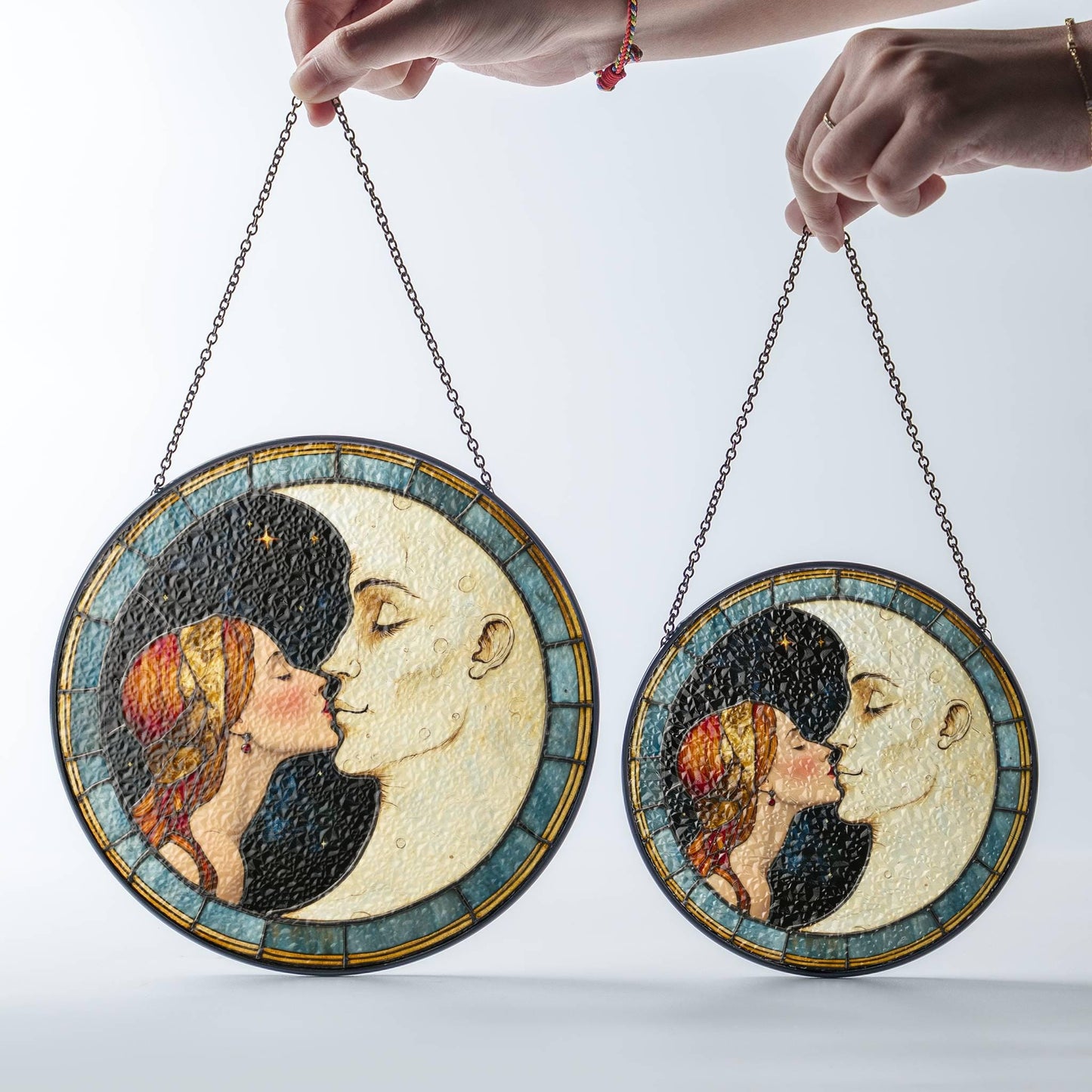 Woman Kissing Moon Stained Glass SunCatcher Moon Light Catcher