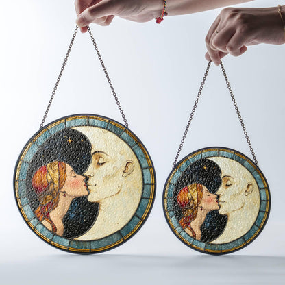 Woman Kissing Moon Stained Glass SunCatcher Moon Light Catcher