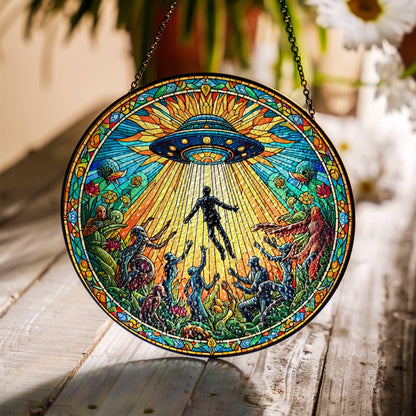 UFO Stained Glass SunCatcher UFO Abduction LightCatcher Cryptid Window Hanging