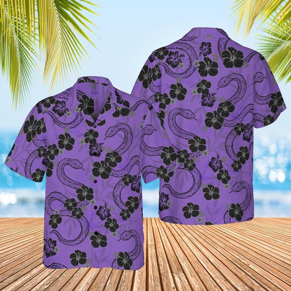 Snake Hawaiian Shirt, Purple Snake and Hibiscus Flowers  Button Down