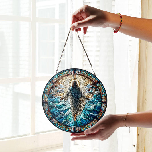 Jesus Walking on Water Stained Glass SunCatcher Christian Art Window Hanging