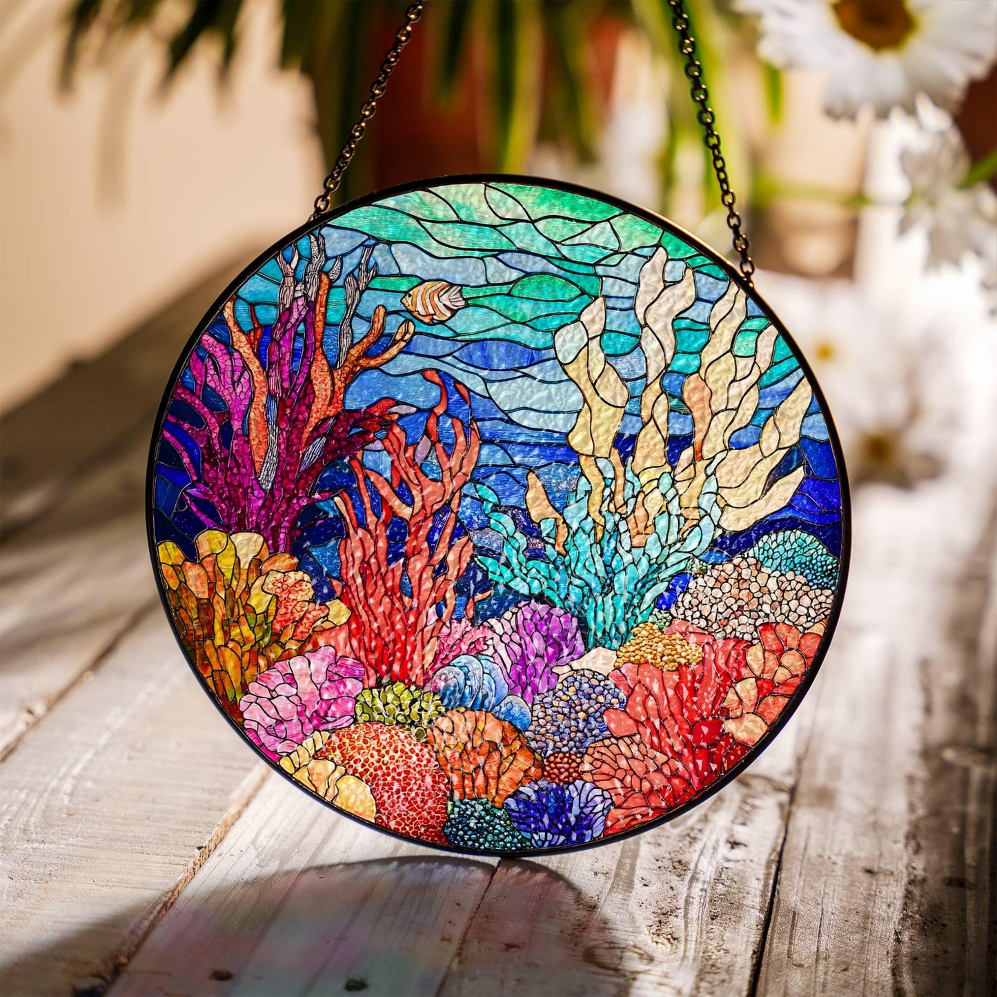 Coral Reef Stained Glass Sun Catcher - Ocean Art Window Hanging for Sea Lovers