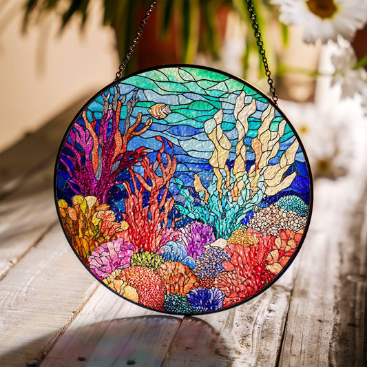 Coral Reef Stained Glass Sun Catcher - Ocean Art Window Hanging for Sea Lovers
