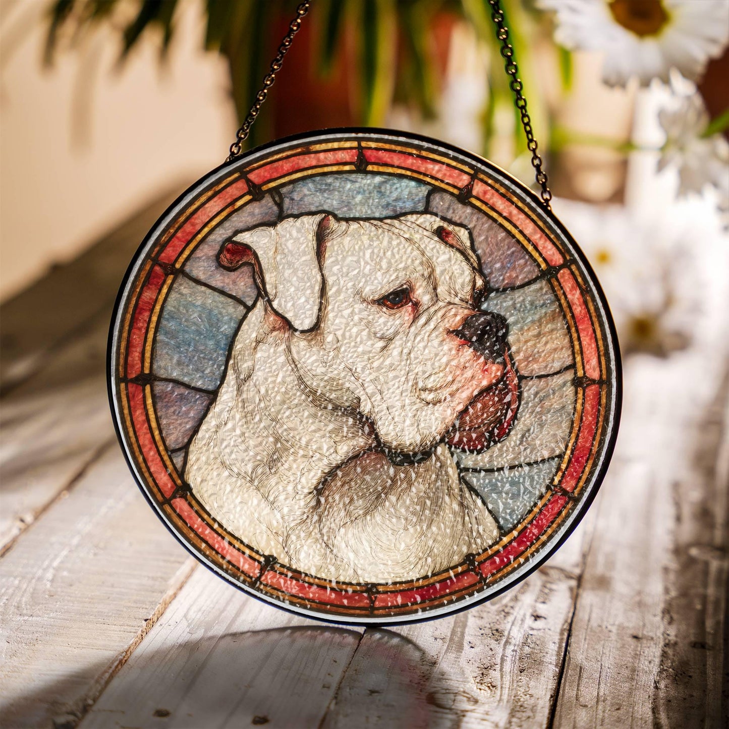 White Boxer Stained Glass Sun Catcher - Dog Light Catcher Window Decoration
