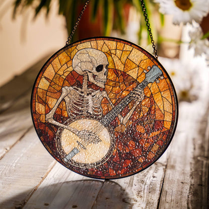 Banjo Stained Glass SunCatcher Skeleton Banjoist Light Catcher Window Hanging