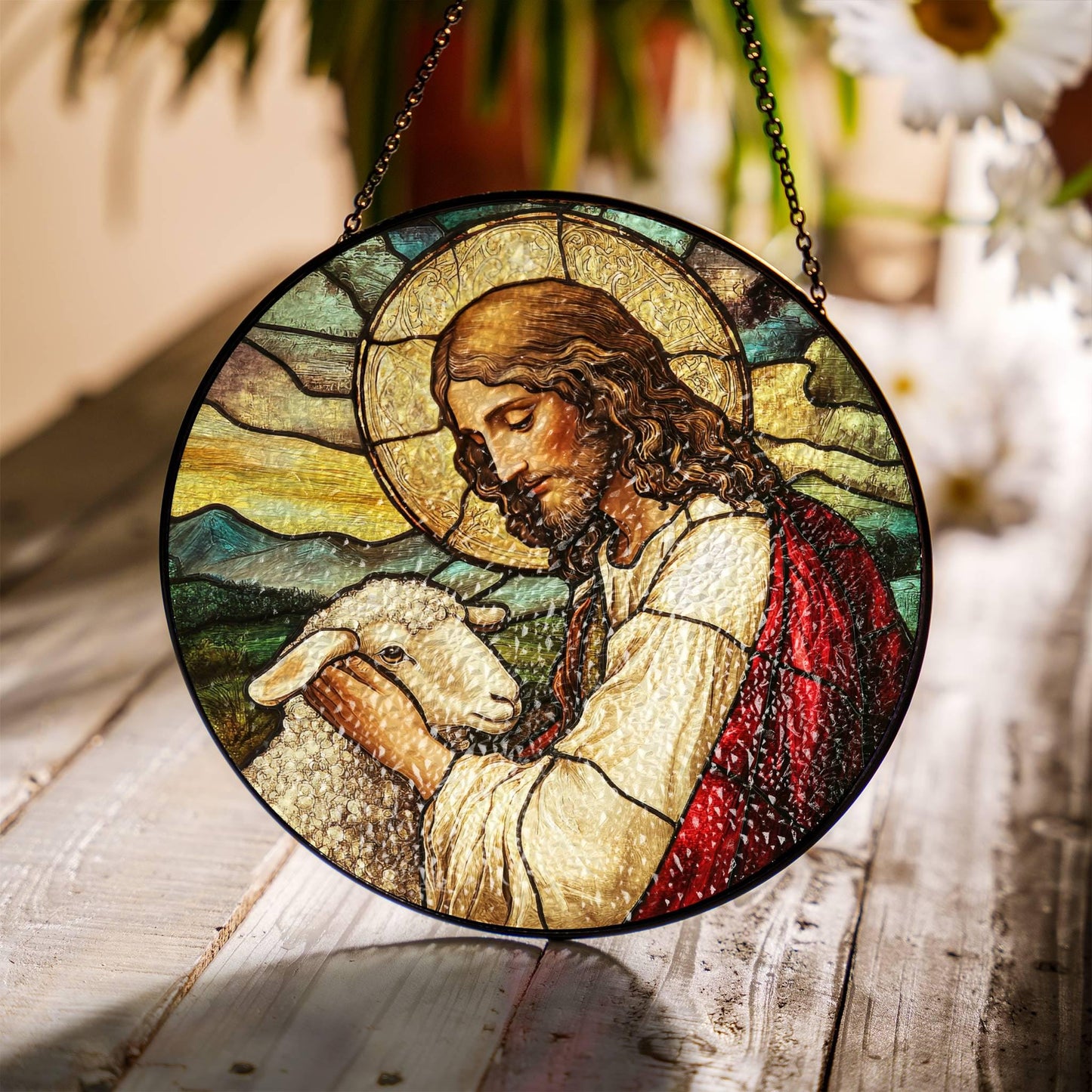 Jesus Leaves the 99 Stained Glass SunCatcher Christian Art Window Decor Art