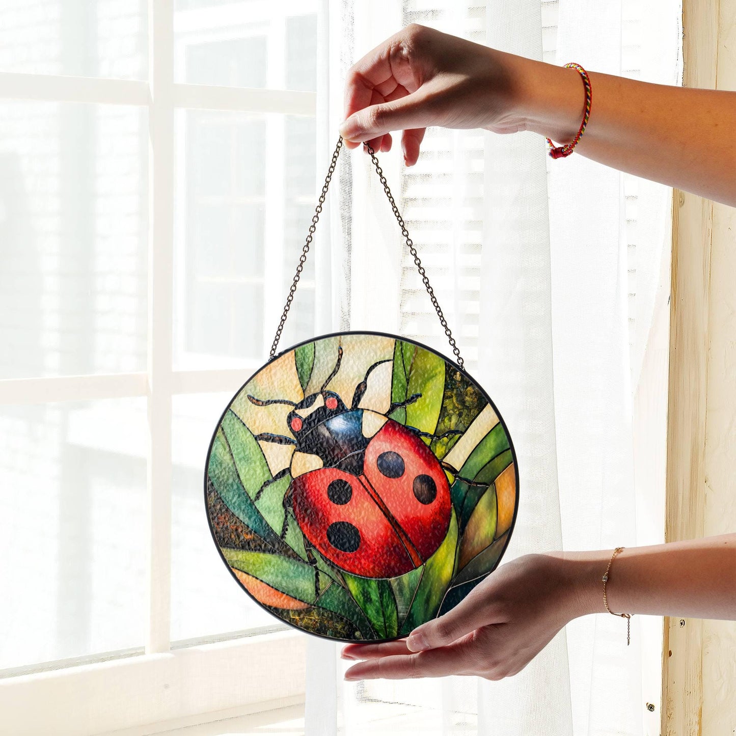 Ladybug Stained Glass SunCatcher Lady Bug Art Window Hanging Good Luck