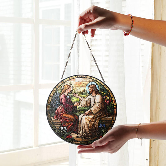 Jesus Healing Woman Stained Glass SunCatcher Christian Art Window Hanging Bible