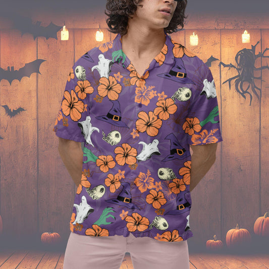 Halloween Hawaiian Shirt, Halloween Button Down Shirt Ghost Witch Skeleton Halloween Pattern