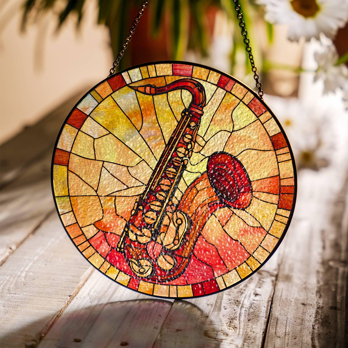 Saxophone Stained Glass Sun Catcher - Jazz Music Window Hanging Decor