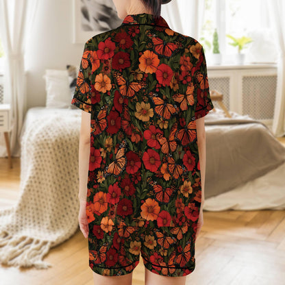 Monarch Butterfly Short Sleeves Pajama Set, Butterfly and Flowers Satin Pajamas