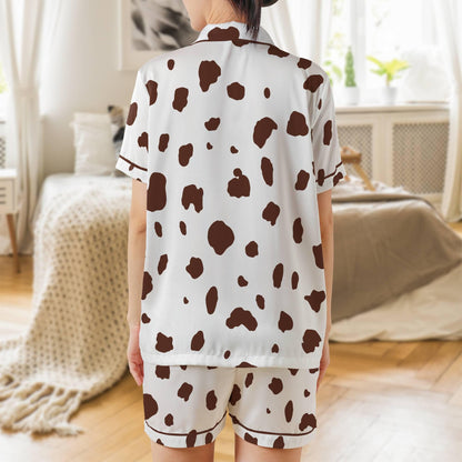 Dalmatian Pajama Set Short Sleeves, Dalmation Print Woman's Satin Pajamas
