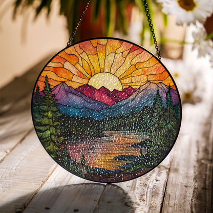 Mountain Range Stained Glass SunCatcher Sunset Window Hanging Scenery Art Decor