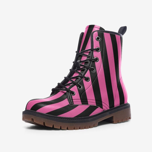 Black & Hot Pink Stripes Boots Vegan Leather Lightweight Combat Boots Boots