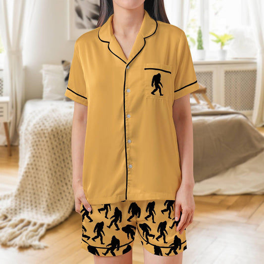 Bigfoot Satin Pajama Set - Sasquatch Womens Short Sleeve Shorts Sleepwear