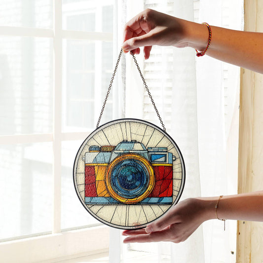 Photography Stained Glass SunCatcher Vintage Camera Window Hanging Home Decor