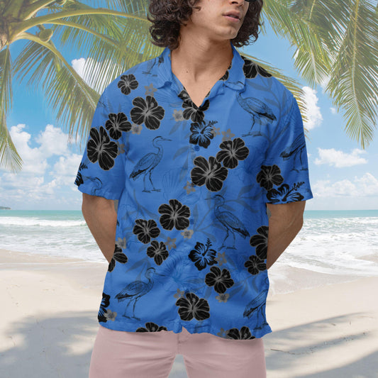 Heron Hawaiian Shirt, Bird Lover Shirt Blue Heron Short-sleeve Hawaiian Shirt Birdwatching Shirt Bird Watching