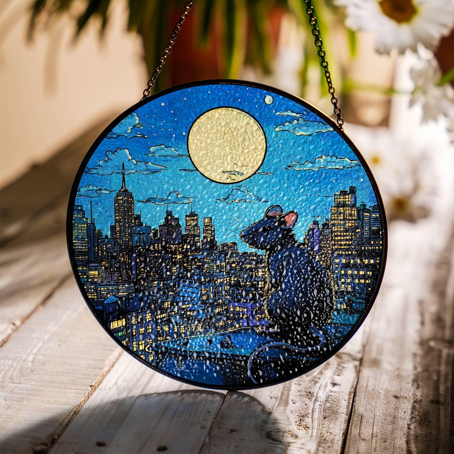 Rat Stained Glass SunCatcher City Rat Window Hanging Home Decor Rat Mom Gifts