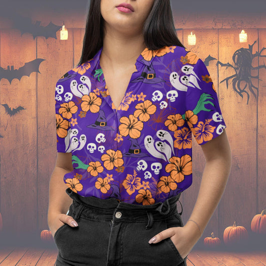 Halloween Hawaiian Shirt, Halloween Button Up Shirt Ghost Witch Halloween Pattern