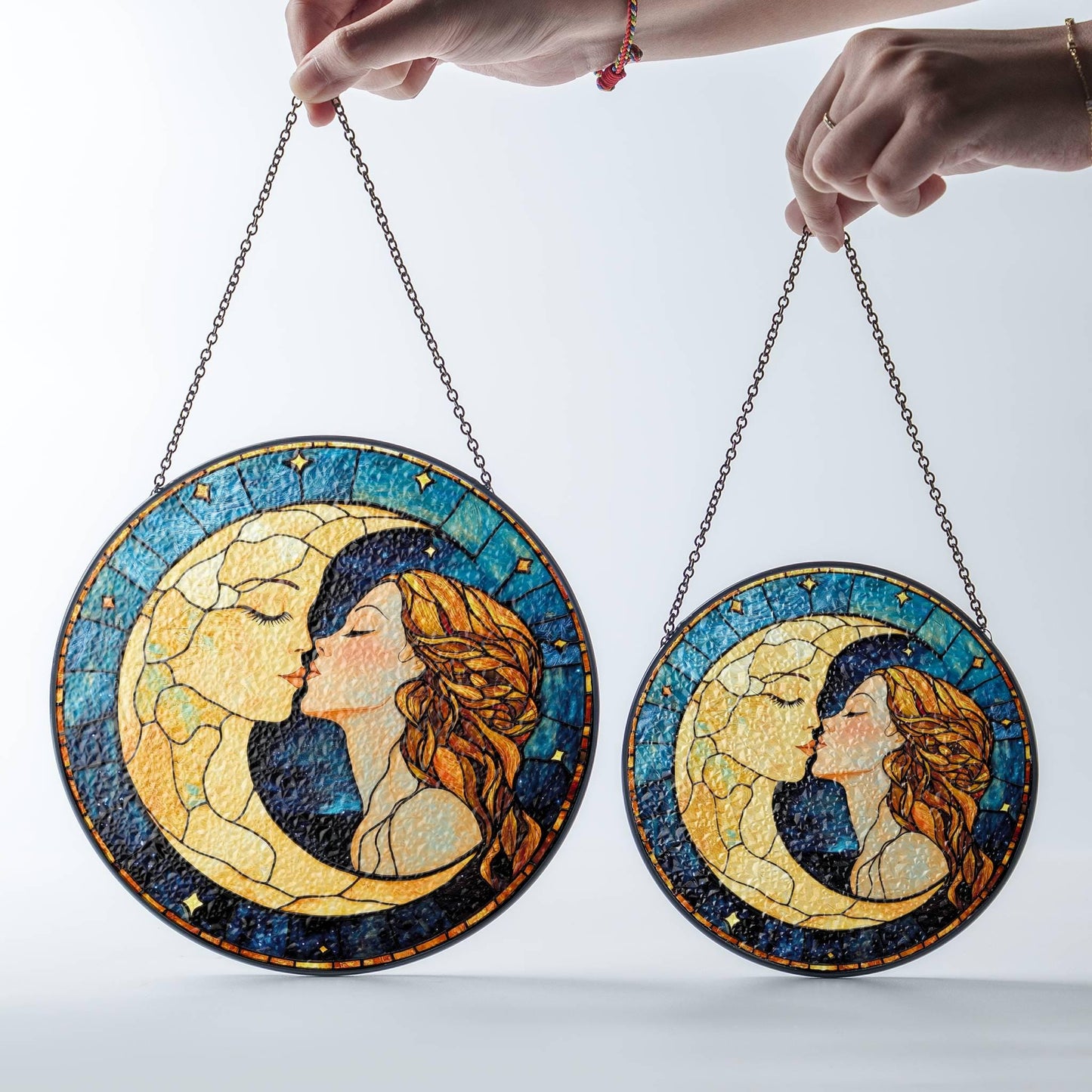 Woman Kissing Moon Stained Glass SunCatcher Moon Light Catcher