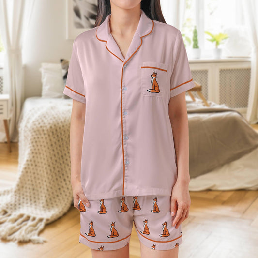 Fox Pajama Set Short Sleeves, Red Fox Woman's Pink Satin Pajama Short Sleeve