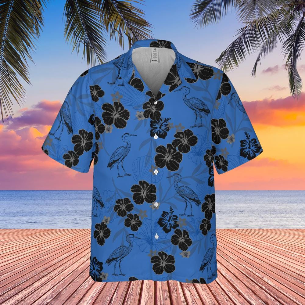 Heron Hawaiian Shirt, Bird Lover Shirt Blue Heron Short-sleeve Hawaiian Shirt Birdwatching Shirt Bird Watching