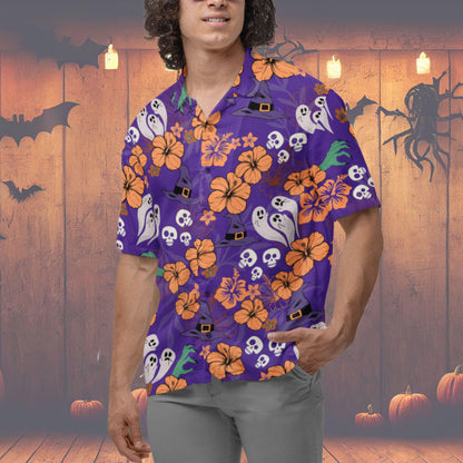 Halloween Hawaiian Shirt, Halloween Button Up Shirt Ghost Witch Halloween Pattern