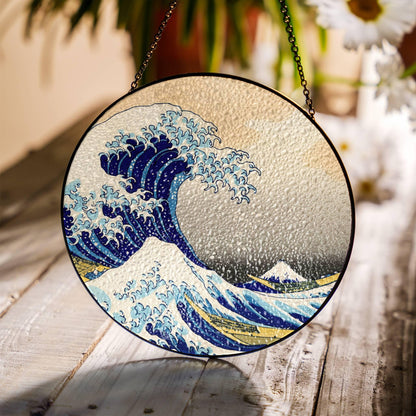 The Great Wave off Kanagawa Stained Glass SunCatcher Window Hanging Decor Art