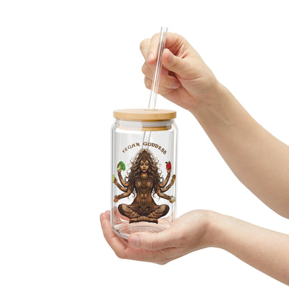 Vegan Glass Tumbler - 16oz Sipper with Bamboo Lid Vegetable Lover Cup