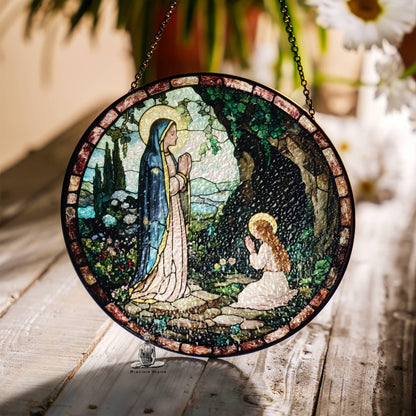 Stained Glass Lady of Lourdes Suncatcher Virgin Mary Religious Window Hanging