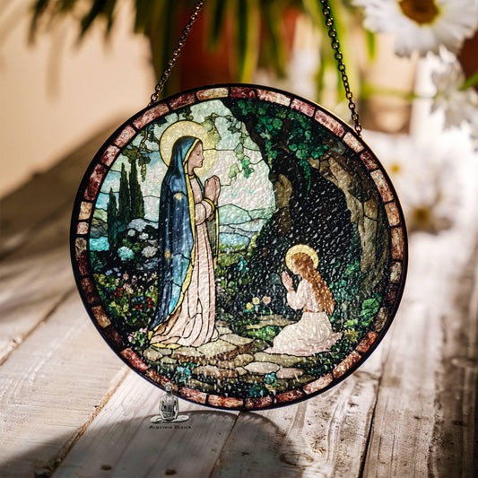 Stained Glass Lady of Lourdes Suncatcher Virgin Mary Religious Window Hanging