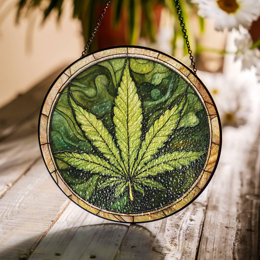 Cannabis Stained Glass Sun Catcher - Marijuana Leaf Window Decoration