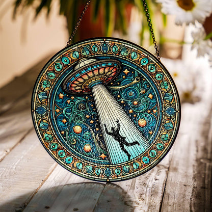 UFO Stained Glass SunCatcher UFO Abduction LightCatcher Cryptid Window Hanging