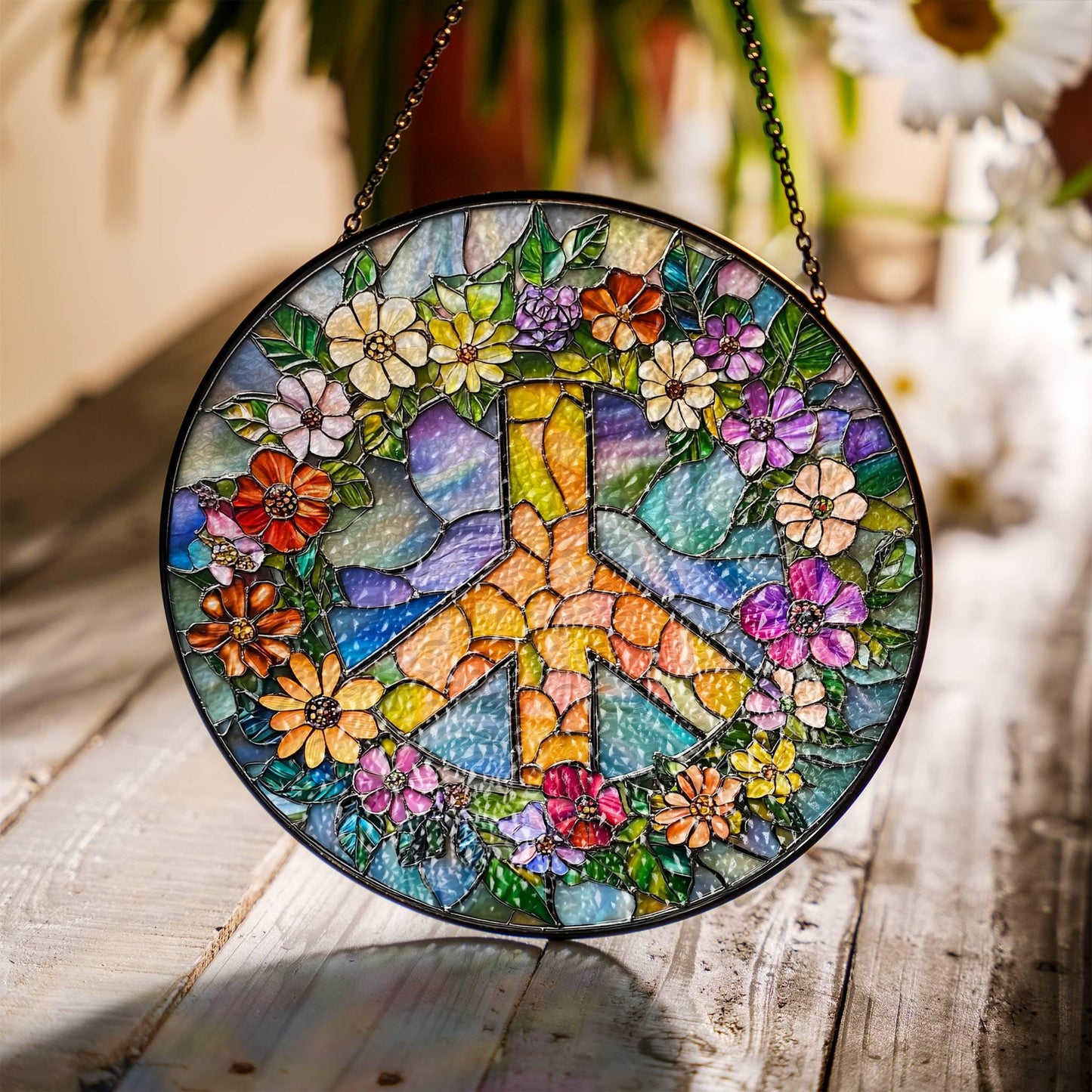 Peace Sign Stained Glass SunCatcher Peace Symbol Light Catcher Window Decor Art